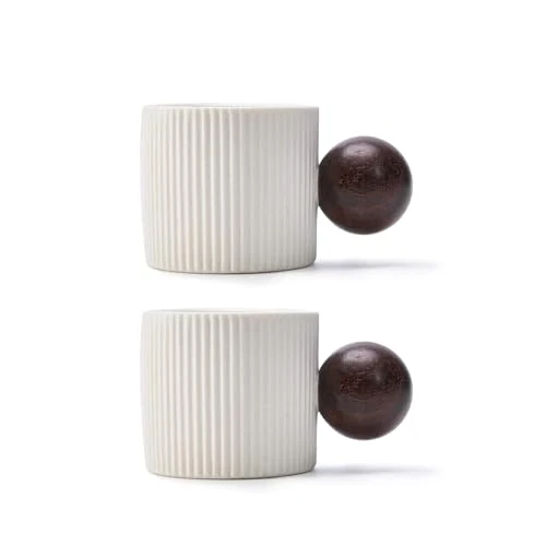 Stylish Ceramic Mini Espresso Cups Demitasse Cups with Round Wooden Handle Vertical Stripes Tea Cups 2 Count Top-Quality
