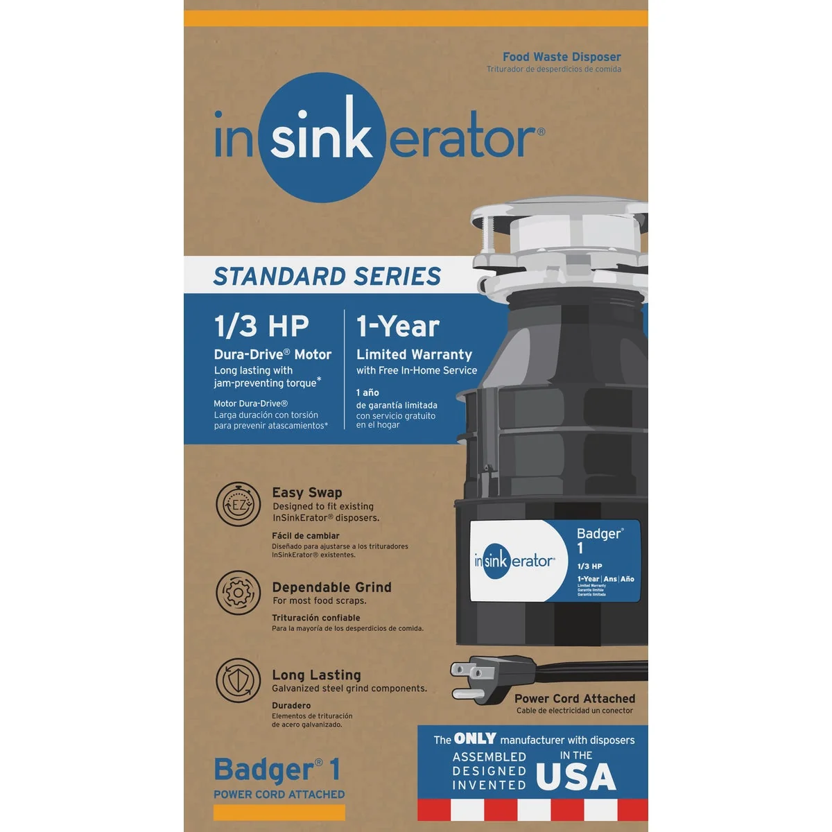 Reliable Insinkerator 1 3 HP Badger 1 Garbage Disposer with Power Cord 1 Year Warranty Green