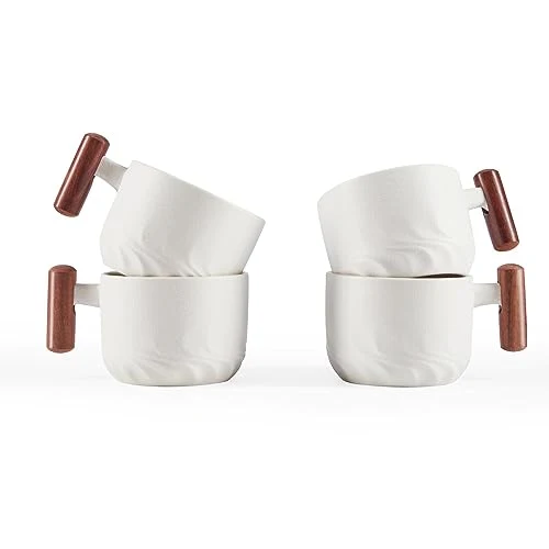 Recyclable 2.5oz Ceramic Espresso Cups with Wooden Handle Traditional