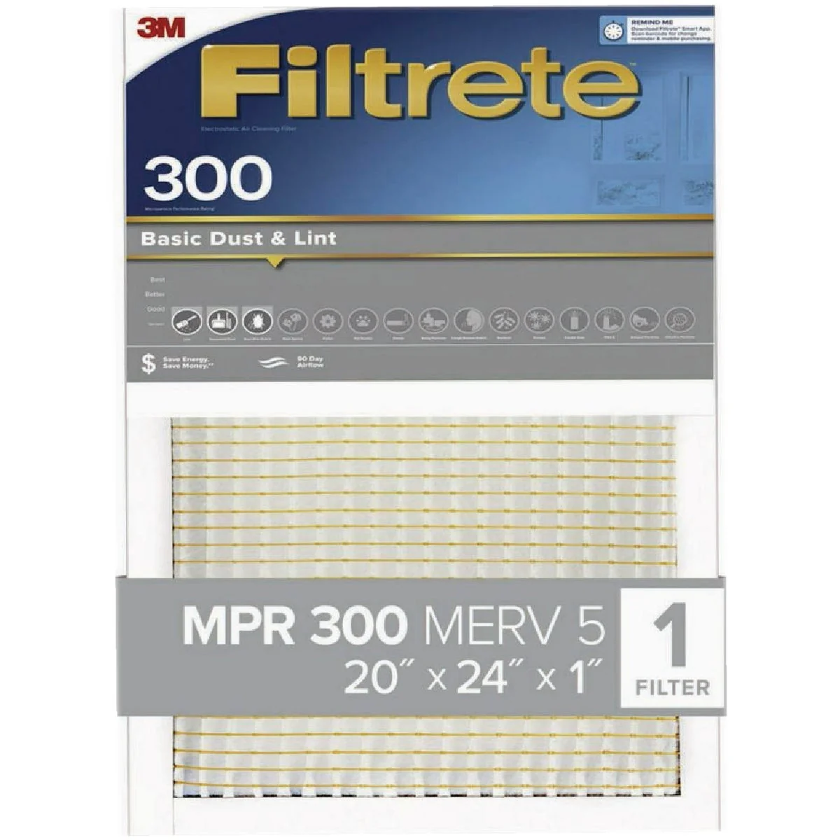 Environmentally Friendly 3M Filtrete 20 In. x 24 In. x 1 In. Basic Dust Lint 300 MPR Furnace Filter High-Quality