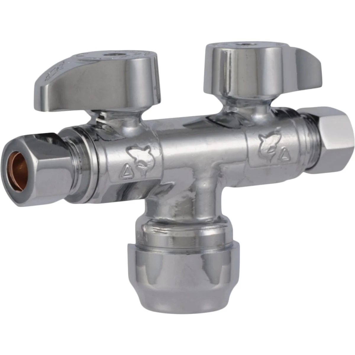 Soft SharkBite 1 2 In. Push-to-Connect x 3 8 In. Compression x 3 8 In. Compression Brass Quarter Turn Dual Shut-Off Dual Outlet Valve Enhanced