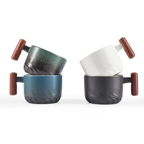 Casual 2.5oz Ceramic Espresso Cups with Wooden Handle 4 Count Exceptional