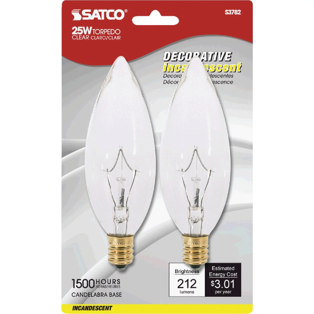 Optimized Satco 25W Clear Candelabra BA9.5 Incandescent Torpedo Blunt Tip Light Bulb 2-Pack Detailed