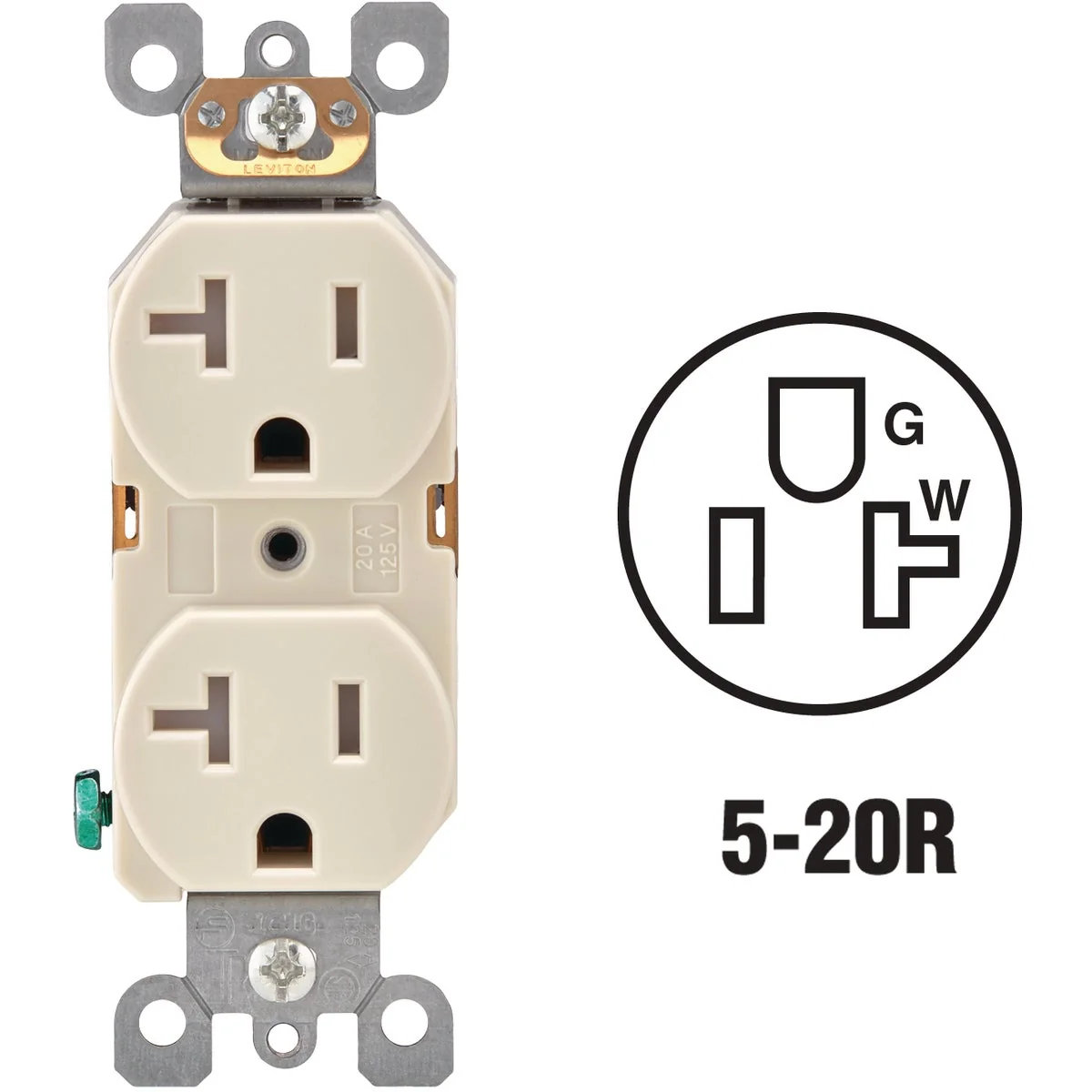 Premium Leviton 20A Light Almond Tamper Resistant Residential Grade 5-20R Duplex Outlet Environmentally Friendly