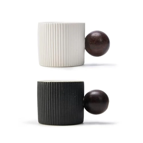 Optimized Ceramic Mini Espresso Cups Demitasse Cups with Round Wooden Handle Vertical Stripes Tea Cups 2 Count High-Quality