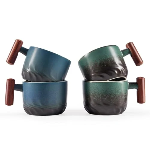 Genuine 2.5oz Ceramic Espresso Cups with Wooden Handle 4 Count Outstanding