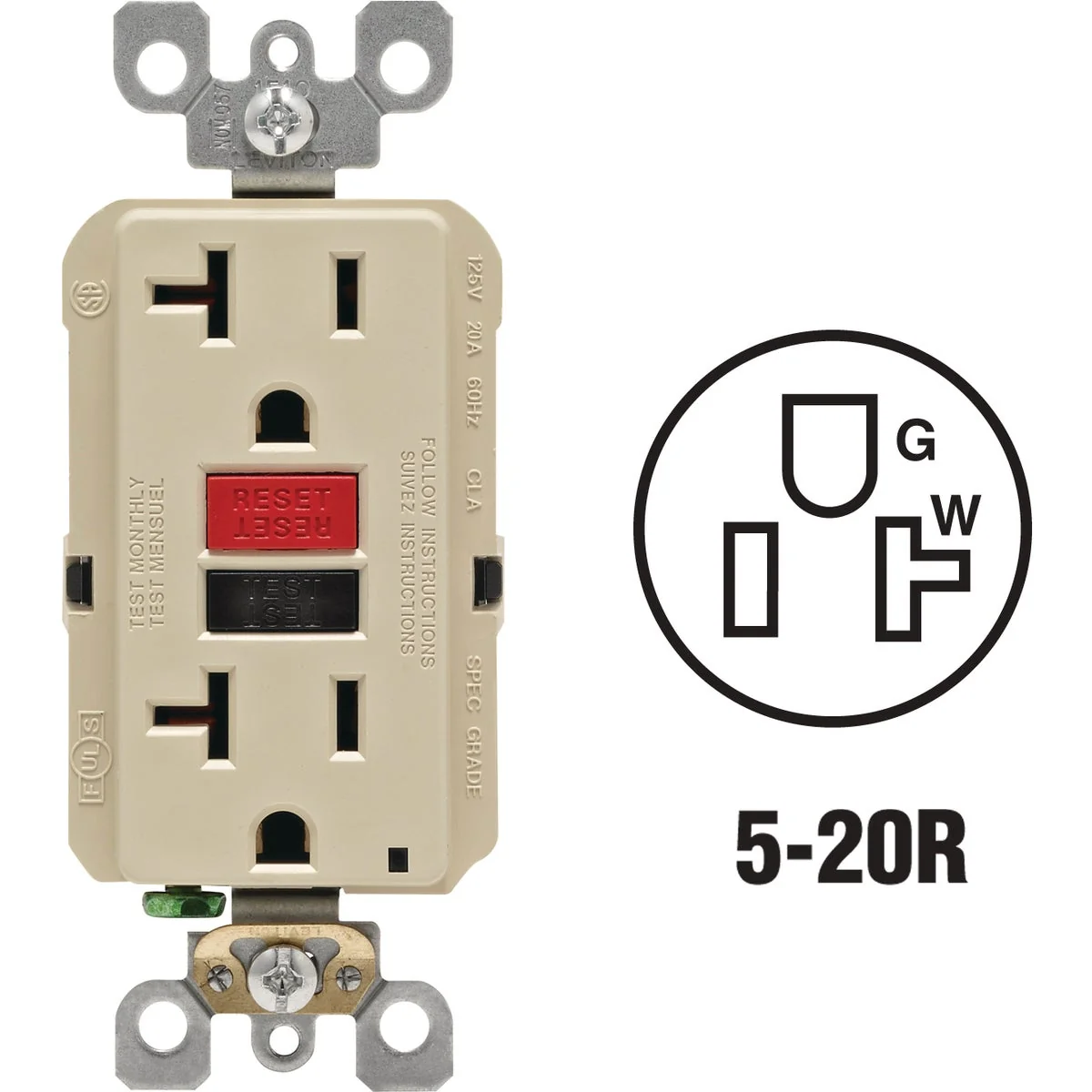 Stylish Leviton SmartlockPro Self-Test 20A Ivory Commercial Grade 5-20R GFCI Outlet Smooth