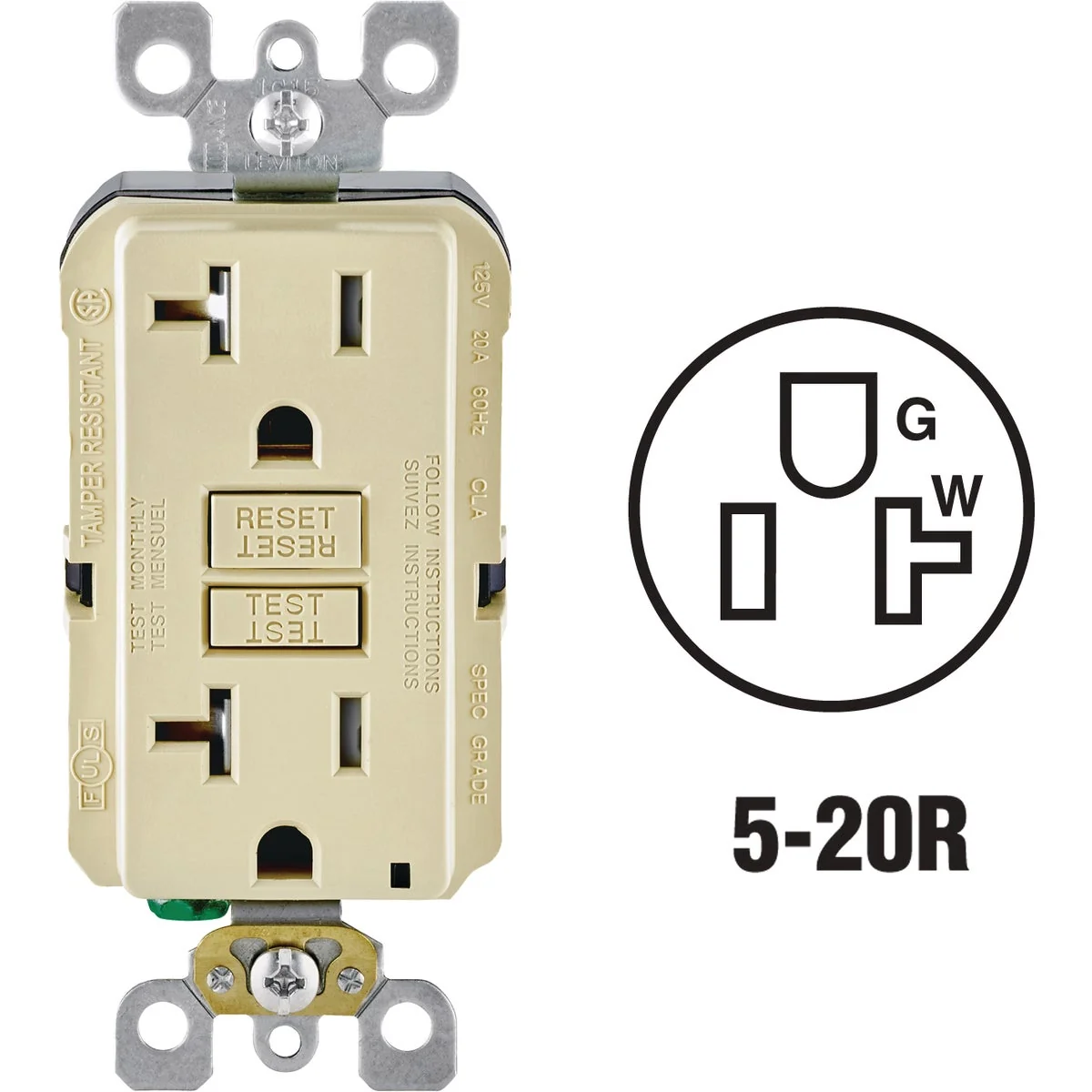 Long-Lasting Leviton SmartlockPro Self-Test 20A Ivory Commercial Grade Tamper Resistant 5-20R GFCI Outlet Certified