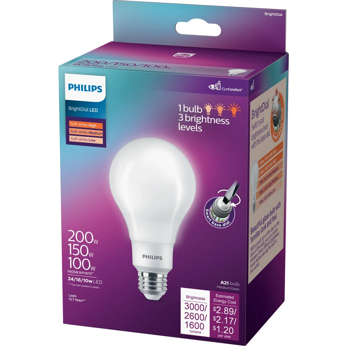 Environmentally Friendly Philips BrightDial 200 150 100W Equivalent Soft White A21 Medium LED Light Bulb Long-Lasting