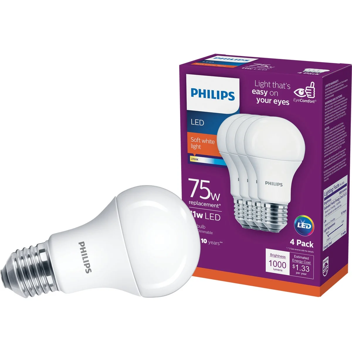 Unique Philips EyeComfort 75W Equivalent Soft White A19 Medium LED Light Bulb 4-Pack Optimized