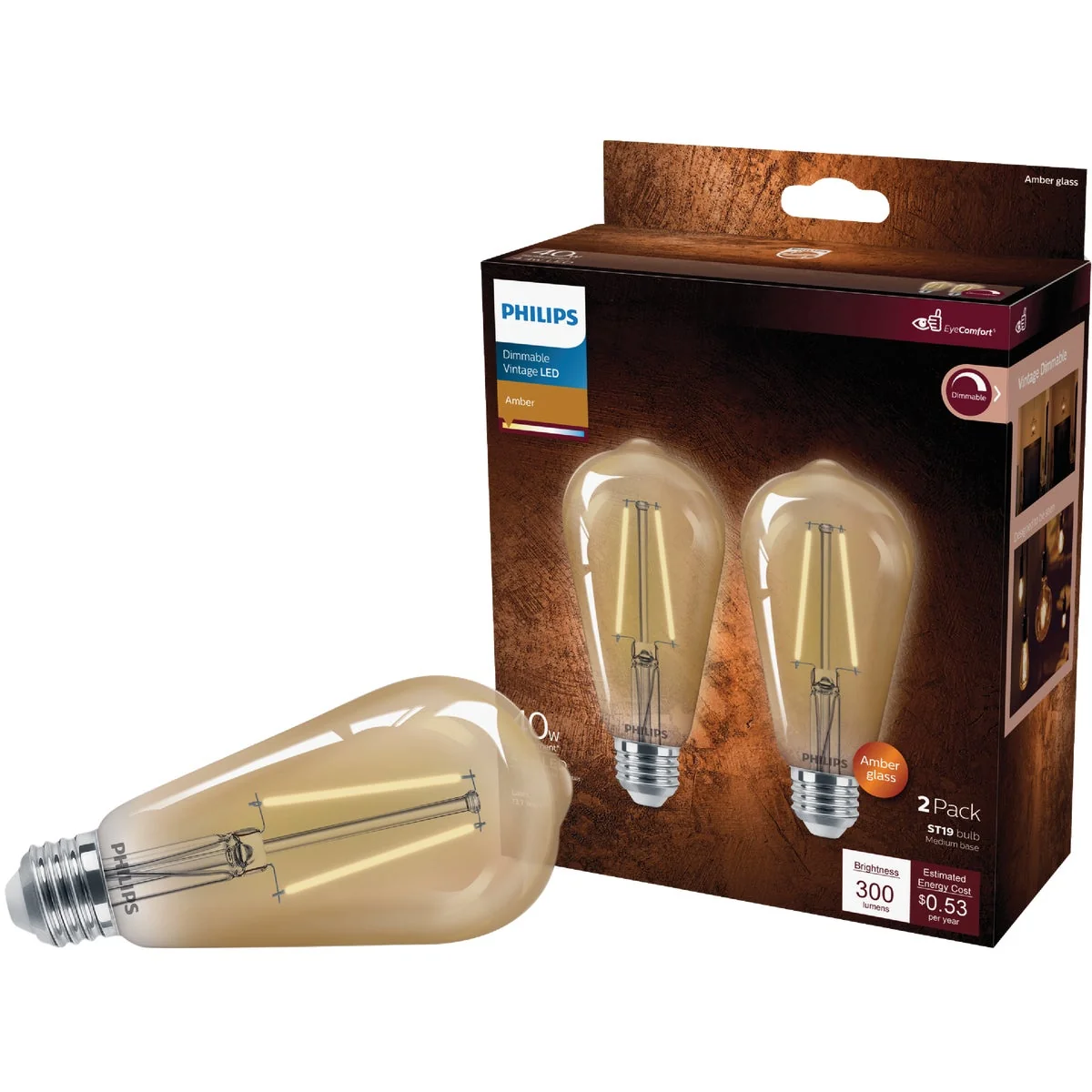Durable Philips Vintage 40W Equivalent Amber ST19 Medium LED Decorative Light Bulb 2-Pack Reusable
