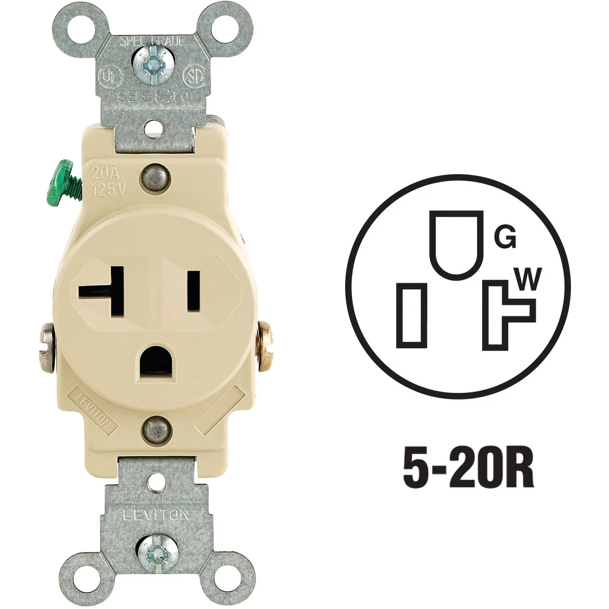 Premium Material Leviton 20A Ivory Commercial Grade 5-20R Shallow Single Outlet Clean