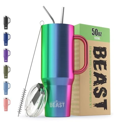 Fast Beast 50 oz Tumbler with Handle Stainless Steel Vacuum Insulated Coffee Ice Cup Double Wall Travel Flask Powerful