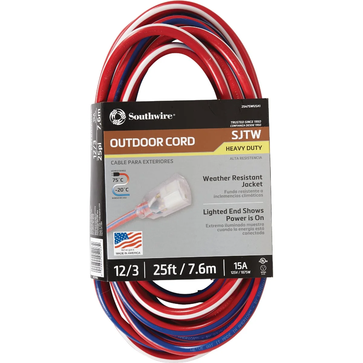 Environmentally Friendly Southwire 25 Ft. 12 3 Indoor Outdoor Red White Blue Striped Patriotic Extension Cord Enhanced