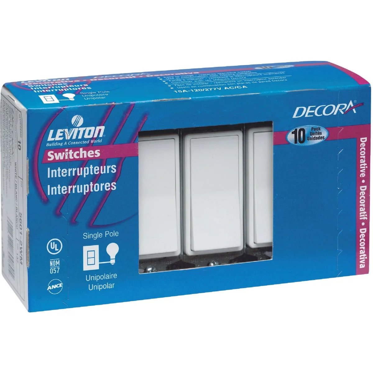 Specialty Leviton Decora Residential Grade 15 Amp Rocker Single Pole Switch White 10-Pack Selected