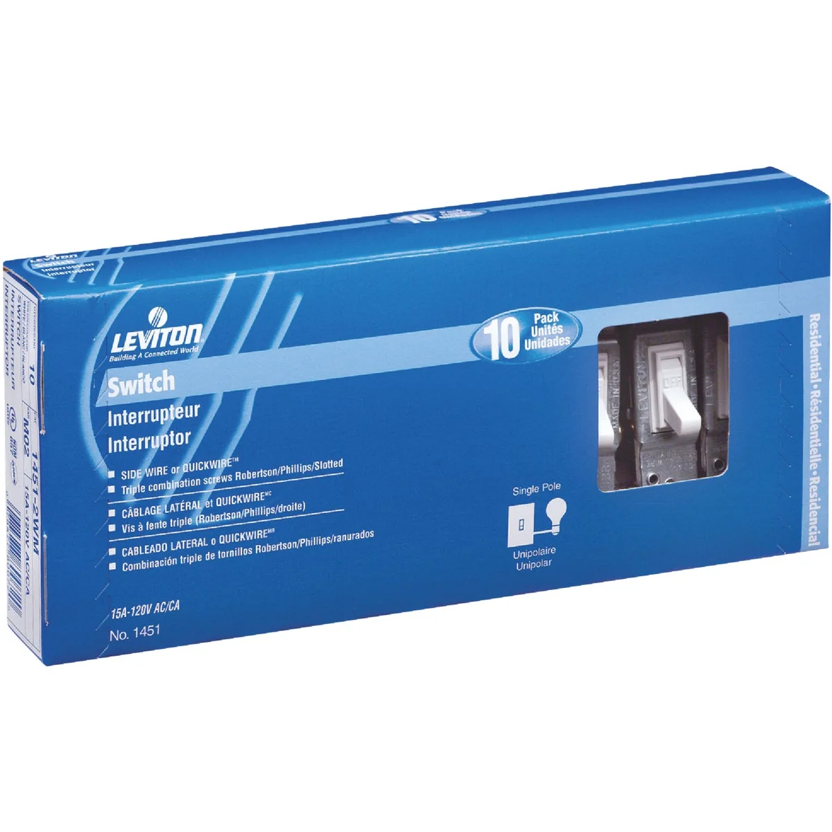 Practical Leviton Residential Grade 15 Amp Toggle Single Pole Grounded Switch Ivory 10-Pack Excellent