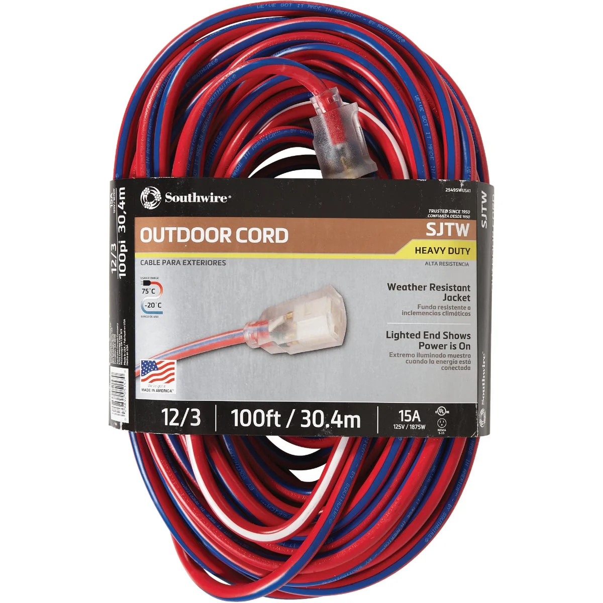 Premium Material Southwire 100 Ft. 12 3 Indoor Outdoor Red White Blue Striped Patriotic Extension Cord Solid