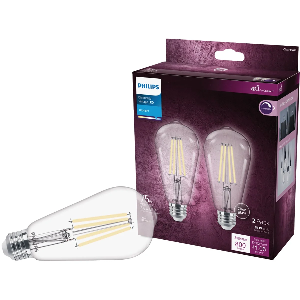 High-Grade Philips Vintage 75W Equivalent Daylight ST19 Medium LED Decorative Light Bulb 2-Pack Powerful