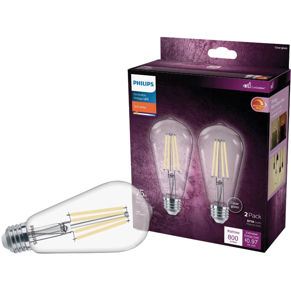 Enhanced Philips Warm Glow 75W Equivalent Soft White ST19 Medium Vintage LED Decorative Light Bulb 2-Pack Premium