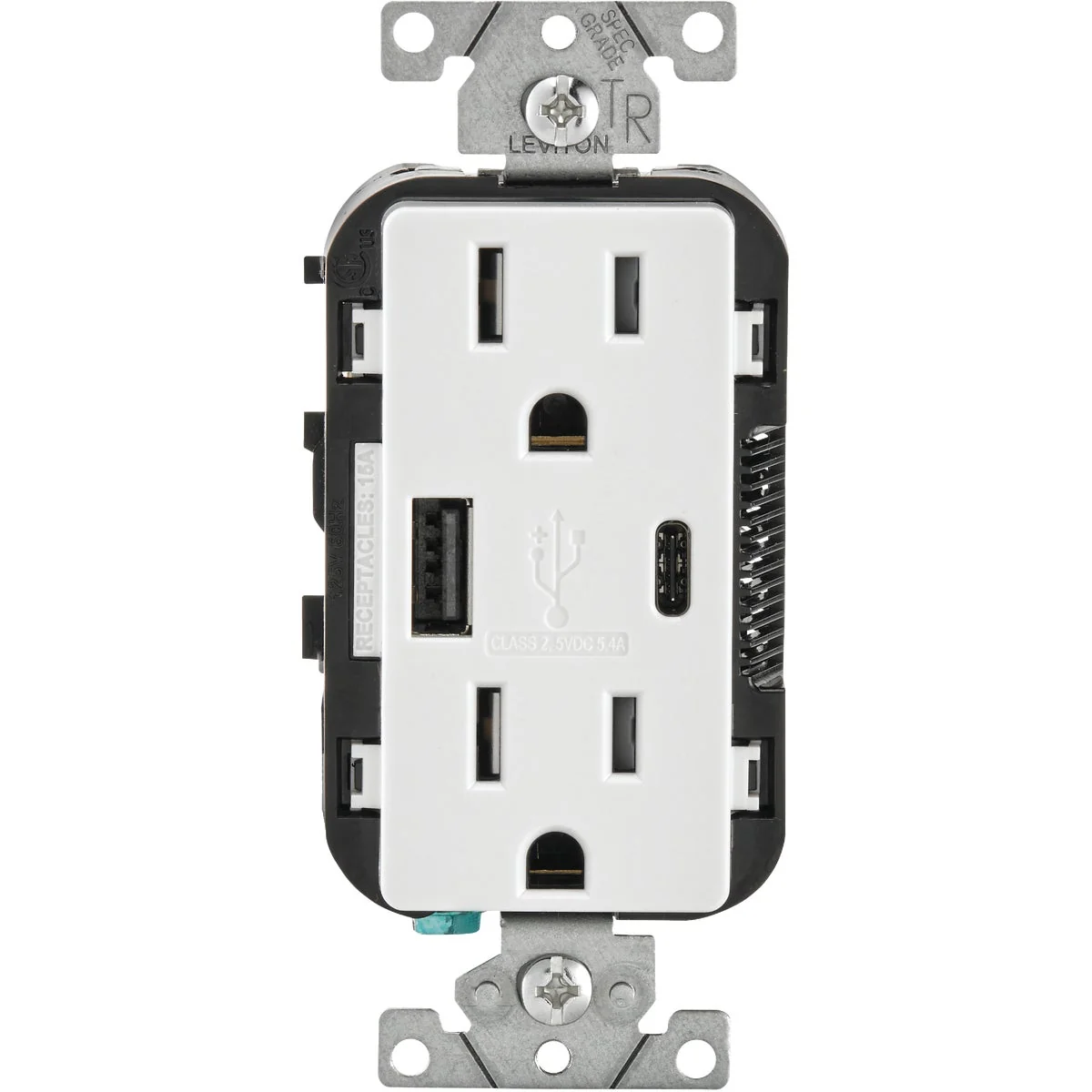 Green Leviton Decora 5.1A 5V White Type A Type C USB Charging Outlet with 5-15R Tamper Resistant Duplex Outlet Classic