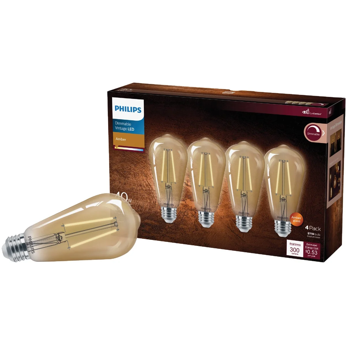 Original Philips Vintage 40W Equivalent Amber ST19 Medium LED Decorative Light Bulb 4-Pack Practical