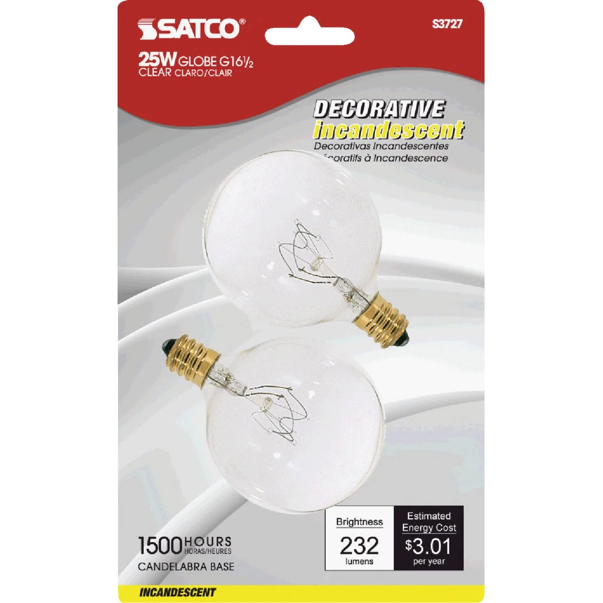 Superior Satco 25W Clear Candelabra Base G16.5 Incandescent Globe Light Bulb 2-Pack Relaxed