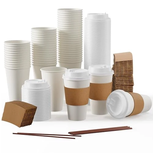 Premium 50 Pack 16 oz Disposable Paper Coffee Cups with Lids Sleeves 50 Count Reusable