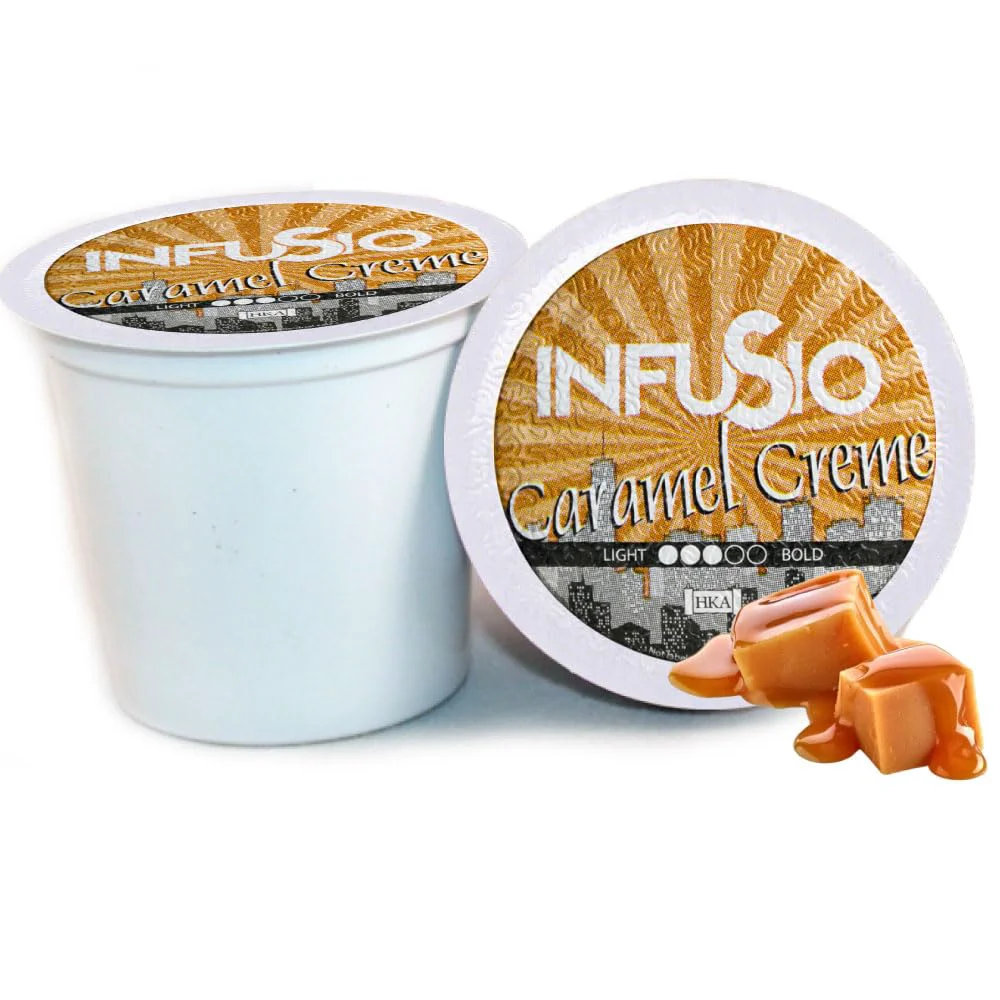 Convenient InfuSio Coffee Pods 96 Count – Caramel Crème Medium Roast Single Serve Coffee Pods for Keurig K Cups Brewers – InfuSio Premium Roasted Keurig 2.0 Compatible Luxury