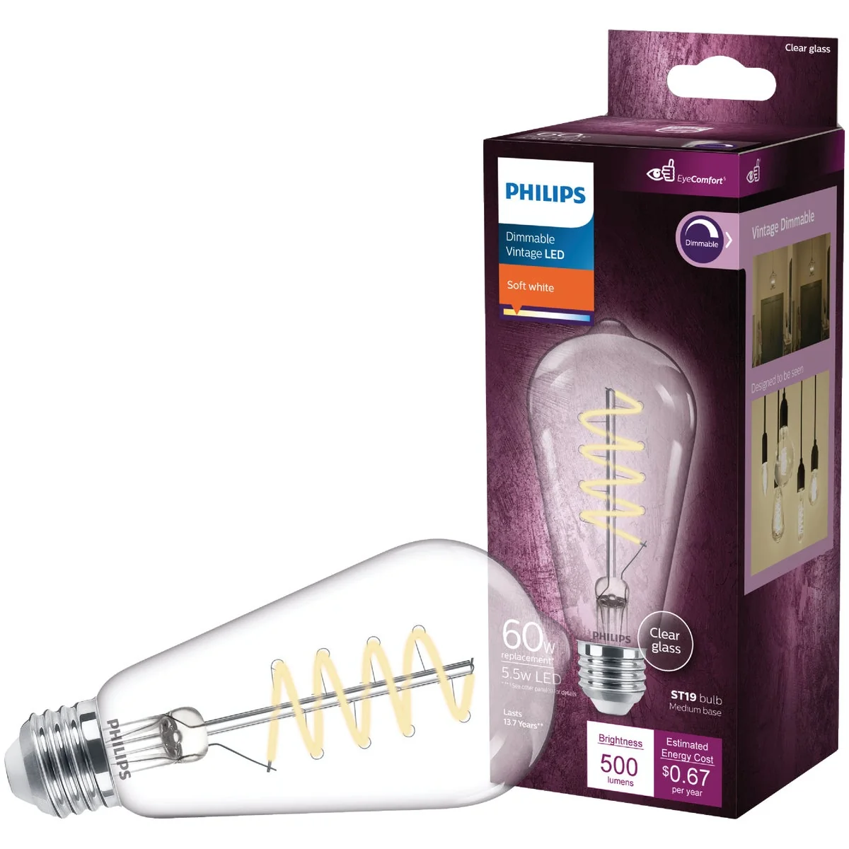 Authentic Philips 60W Equivalent Soft White ST19 Medium Dimmable Vintage LED Decorative Light Bulb Effective
