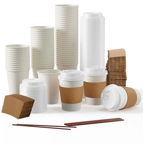 Natural 50 Pack 12 oz Disposable Paper Coffee Cups with Lids Sleeves 50 Count Solid