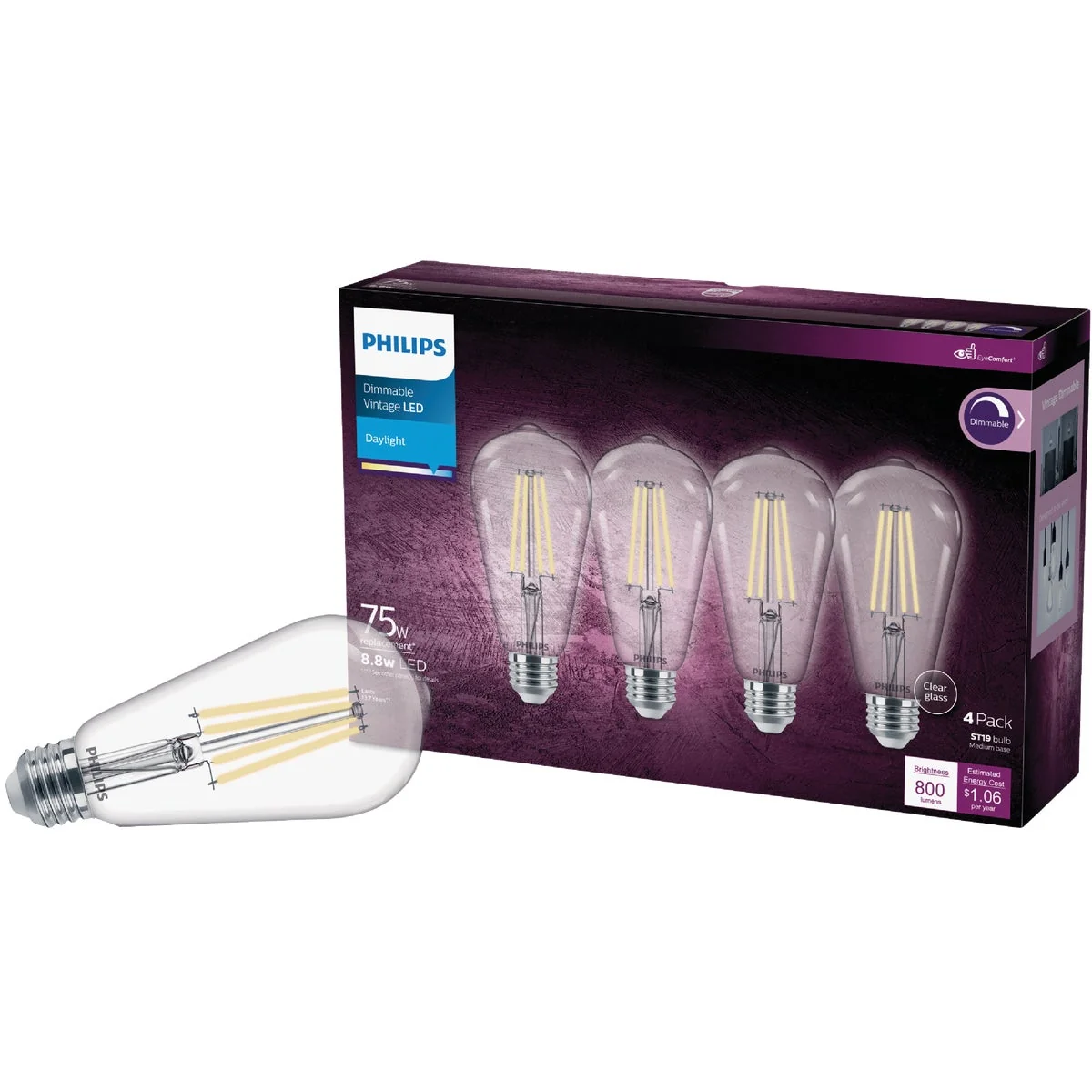 World-Class Philips Vintage 75W Equivalent Daylight ST19 Medium LED Decorative Light Bulb 4-Pack Long-Lasting