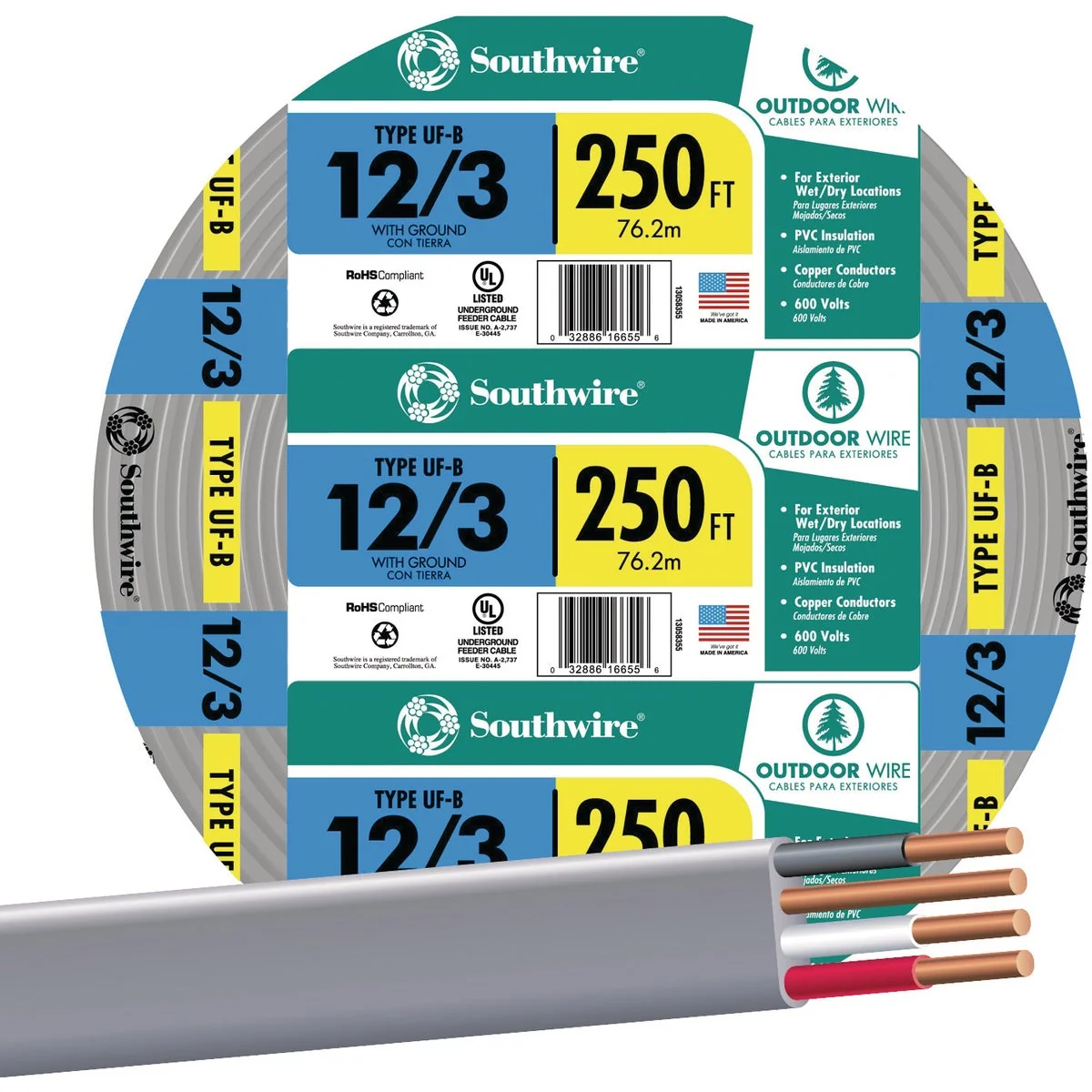 Long-Lasting Southwire 250 Ft. 12 AWG 3-Conductor UFW G Electrical Wire Recyclable