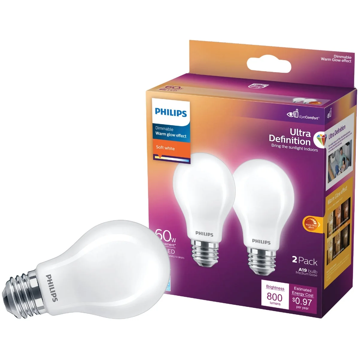 Long-Lasting Philips Ultra Definition Warm Glow 60W Equivalent Soft White A19 Medium LED Light Bulb 2-Pack Dependable