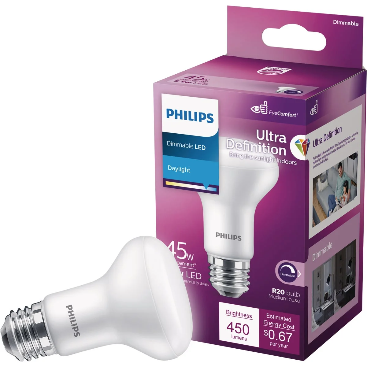 Crafted Philips Ultra Definition 45W Equivalent Daylight R20 Medium Dimmable LED Floodlight Light Bulb Smart