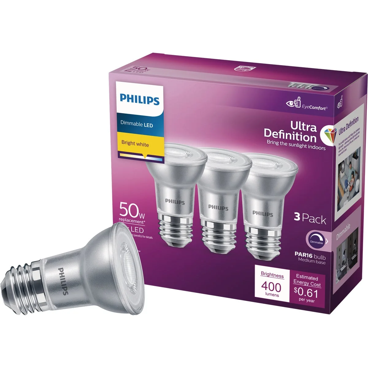 Genuine Philips Ultra Definition 50W Equivalent Bright White PAR16 Medium Dimmable LED Floodlight Light Bulb 3-Pack Long-Lasting