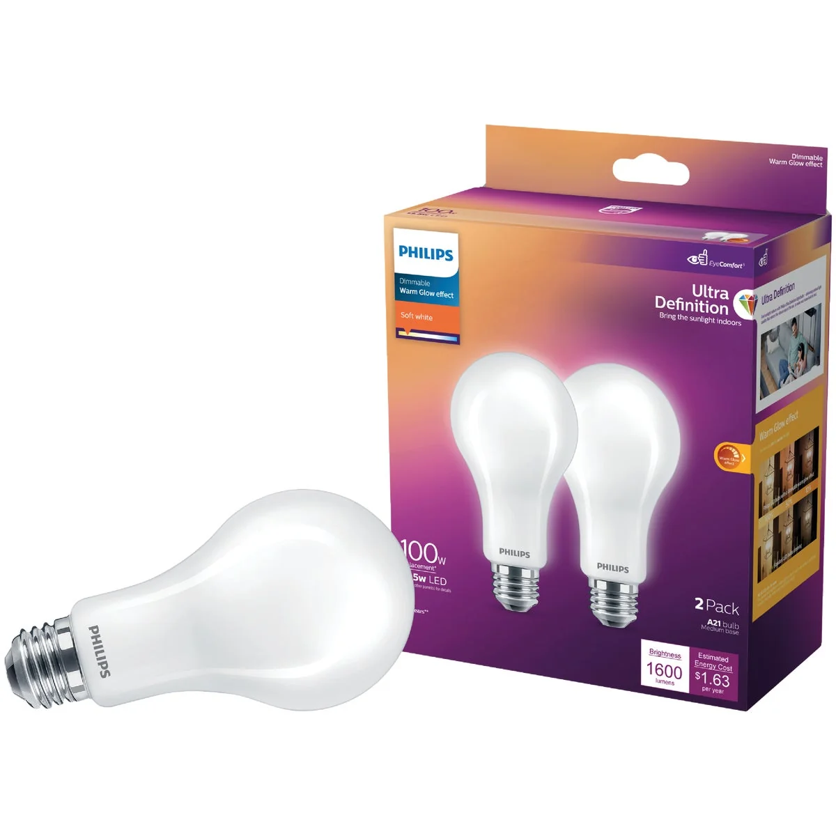 Top-Quality Philips Ultra Definition Warm Glow 100W Equivalent Soft White A21 Medium LED Light Bulb 2-Pack Official