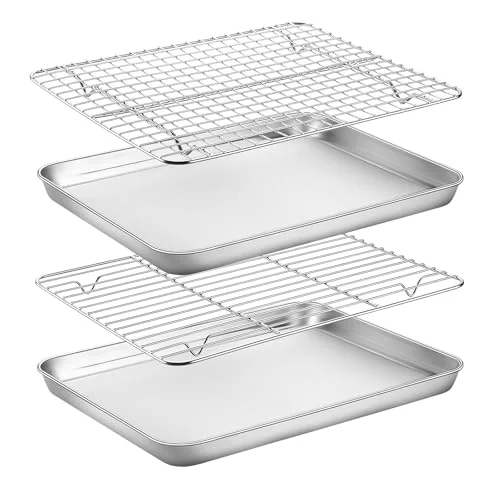 Contemporary Stainless Steel Baking Sheet Cookie Sheet Pan with Cooling Rack Set of 4 Detailed