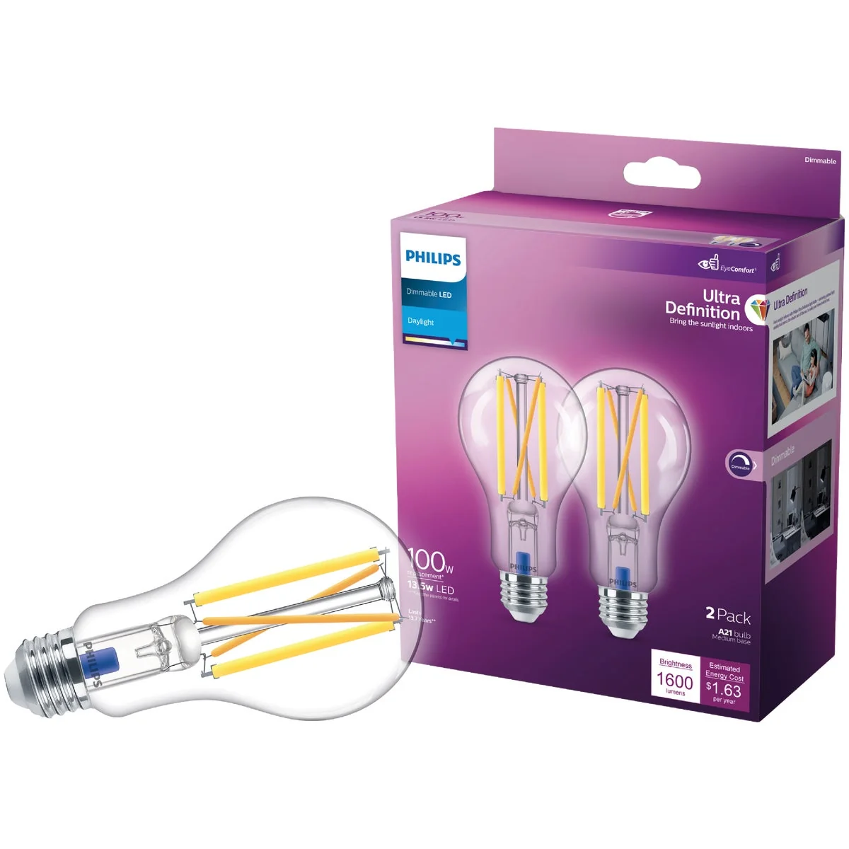 Advanced Philips Ultra Definition 100W Equivalent Daylight A21 Medium Dimmable LED Light Bulb Clear 2-Pack Innovative