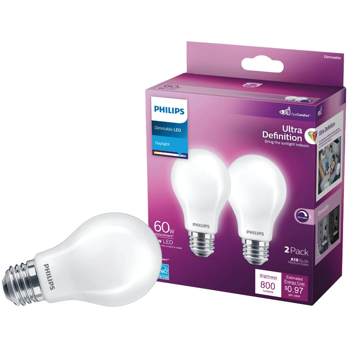 Artisan Philips Ultra Definition 60W Equivalent Daylight A19 Medium LED Light Bulb Frosted 2-Pack Easy-to-Use