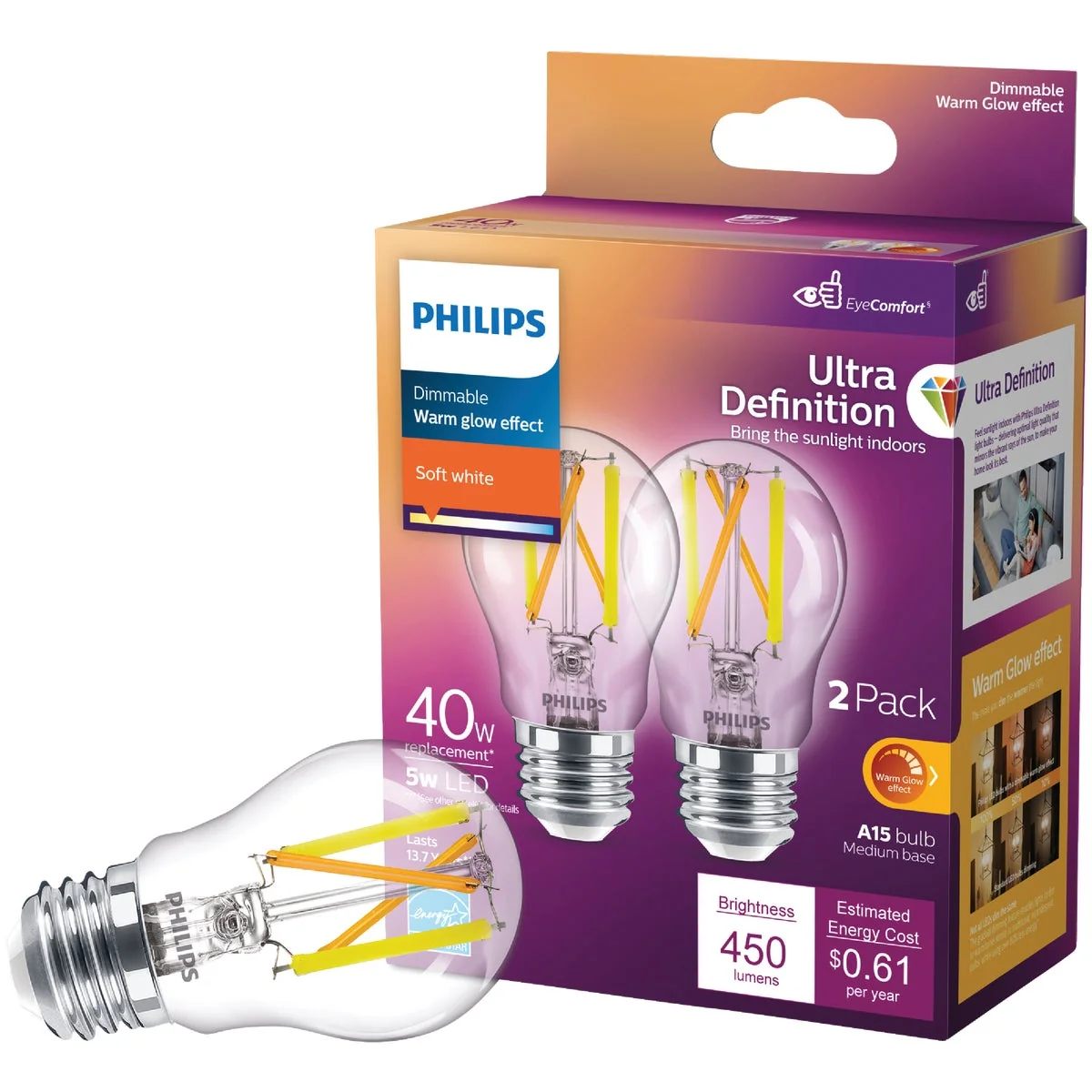 High-Performance Philips Ultra Definition Warm Glow 40W Equivalent Soft White A15 Medium LED Light Bulb 2-Pack Environmentally Friendly