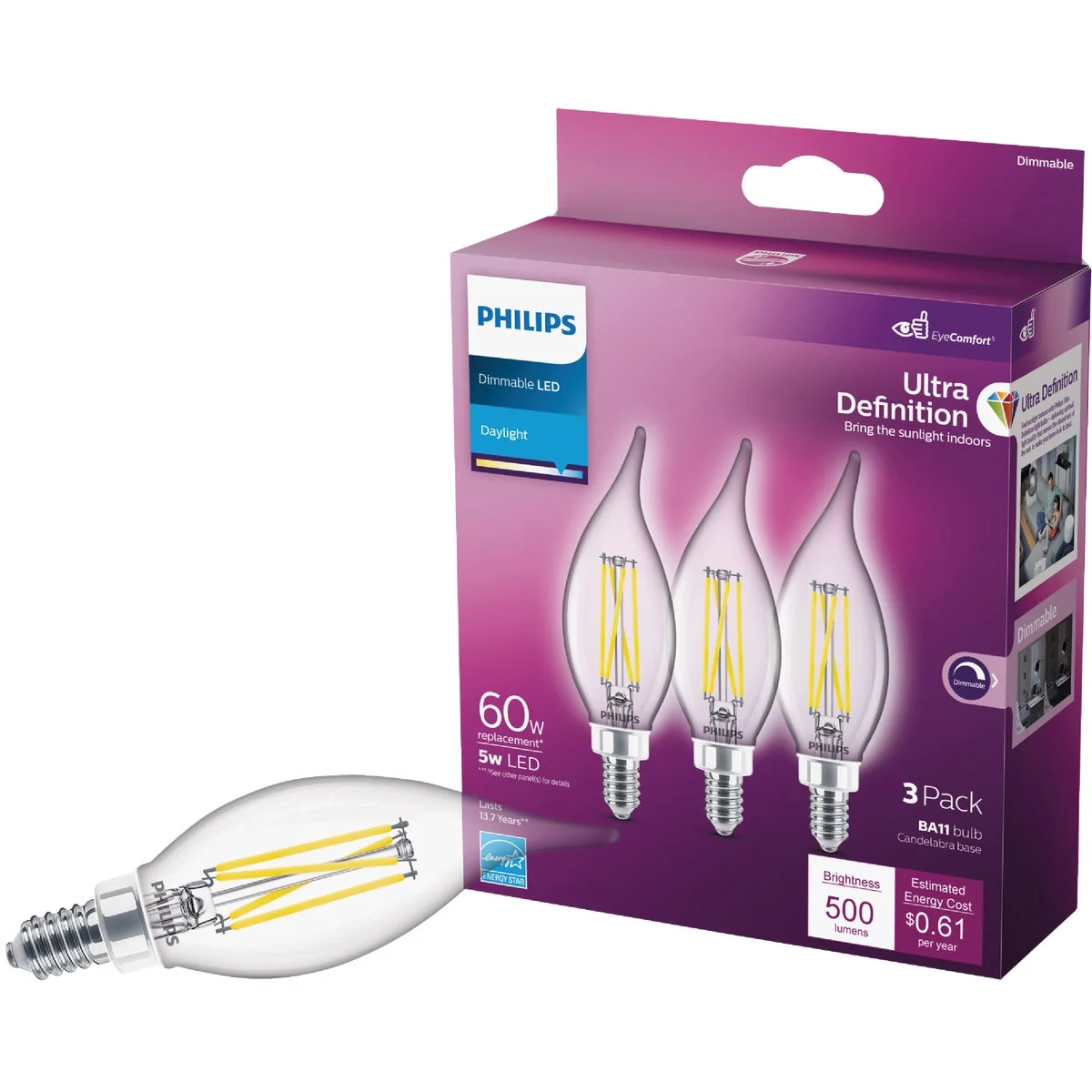 Selected Philips Ultra Definition 60W Equivalent Daylight BA11 Candelabra LED Decorative Light Bulb 3-Pack Top-Quality