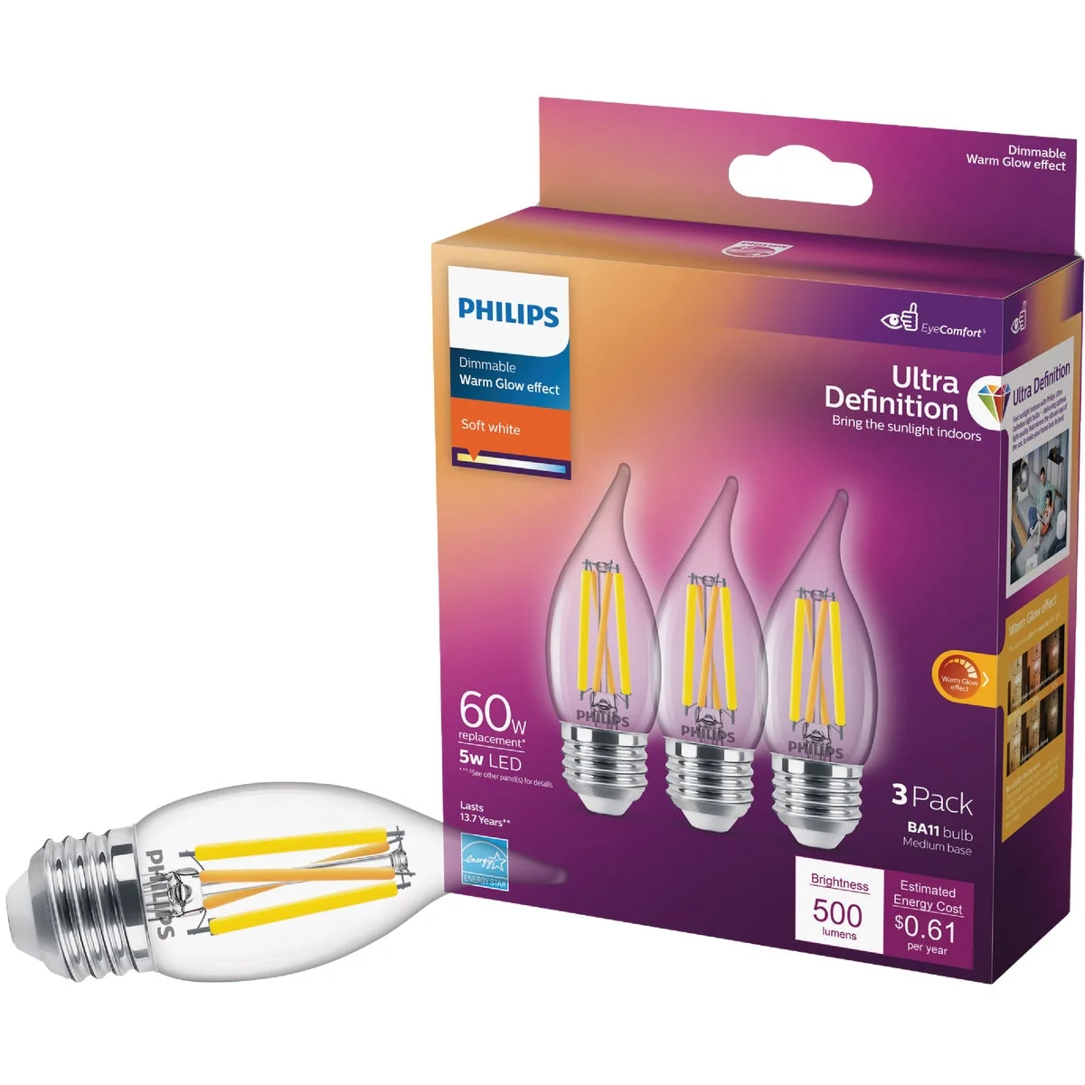 Practical Philips Ultra Definition 60W Equivalent Soft White BA11 Medium LED Decorative Light Bulb 3-Pack Authentic