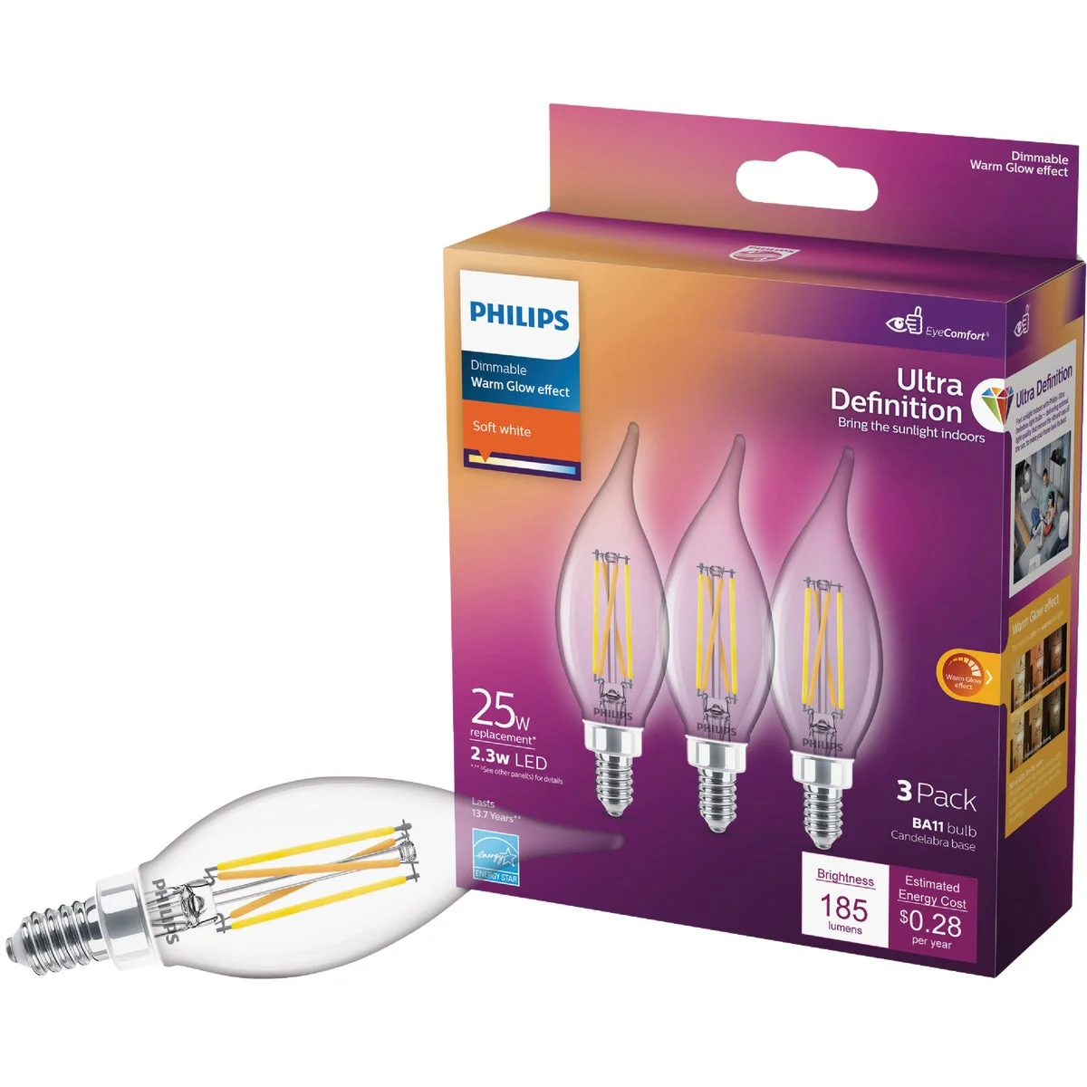Functional Philips Ultra Definition 25W Equivalent Soft White BA11 Candelabra LED Decorative Light Bulb 3-Pack Innovative