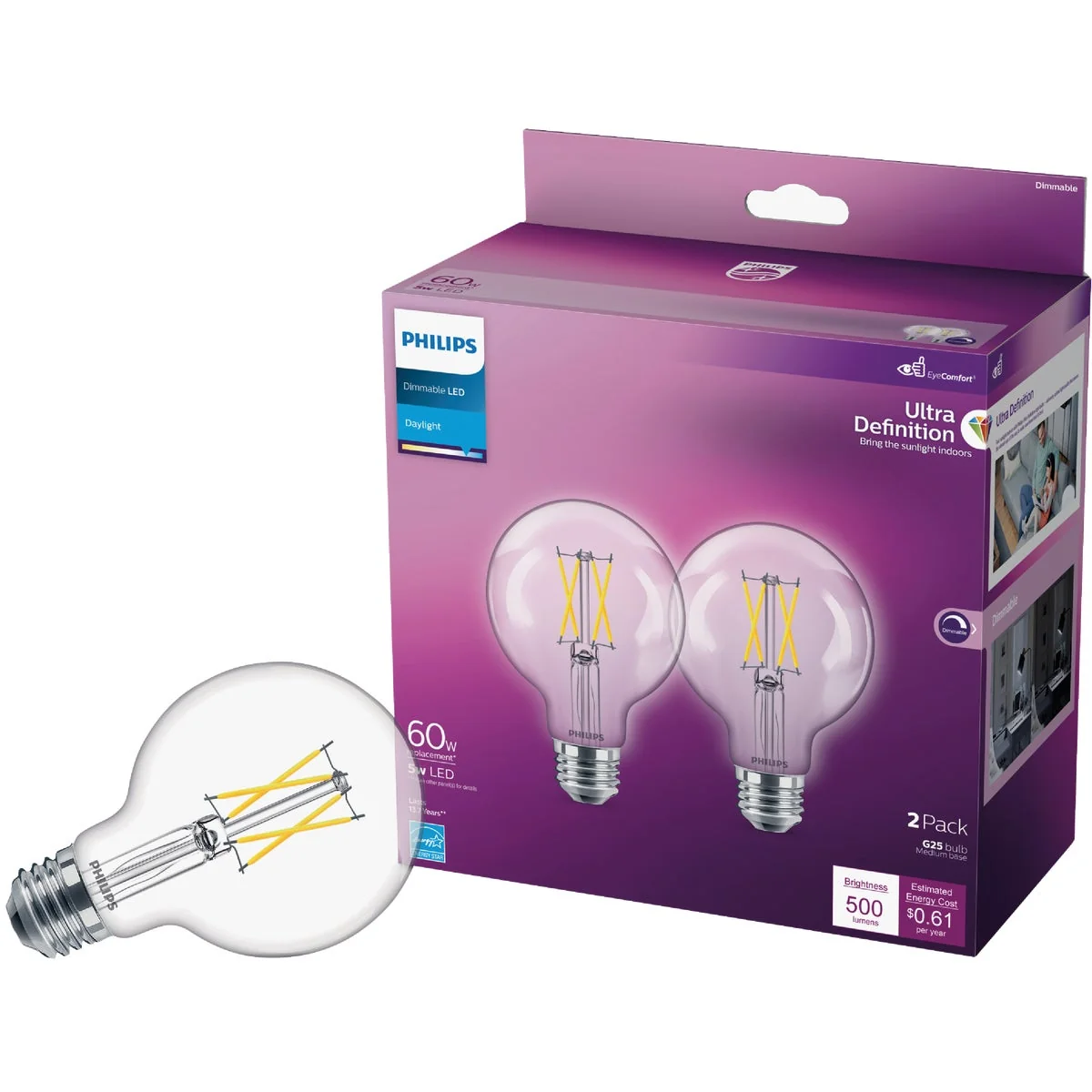 Selected Philips Ultra Definition 60W Equivalent Daylight G25 Medium LED Decorative Light Bulb 2-Pack Natural