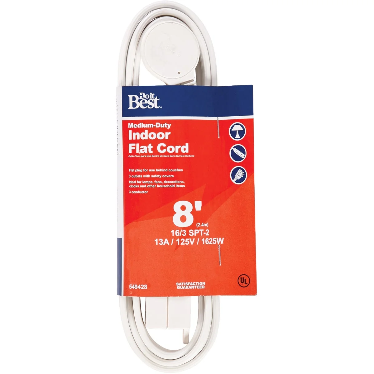 Dependable Do it 8 Ft. 16 3 Flat Plug White Extension Cord Traditional