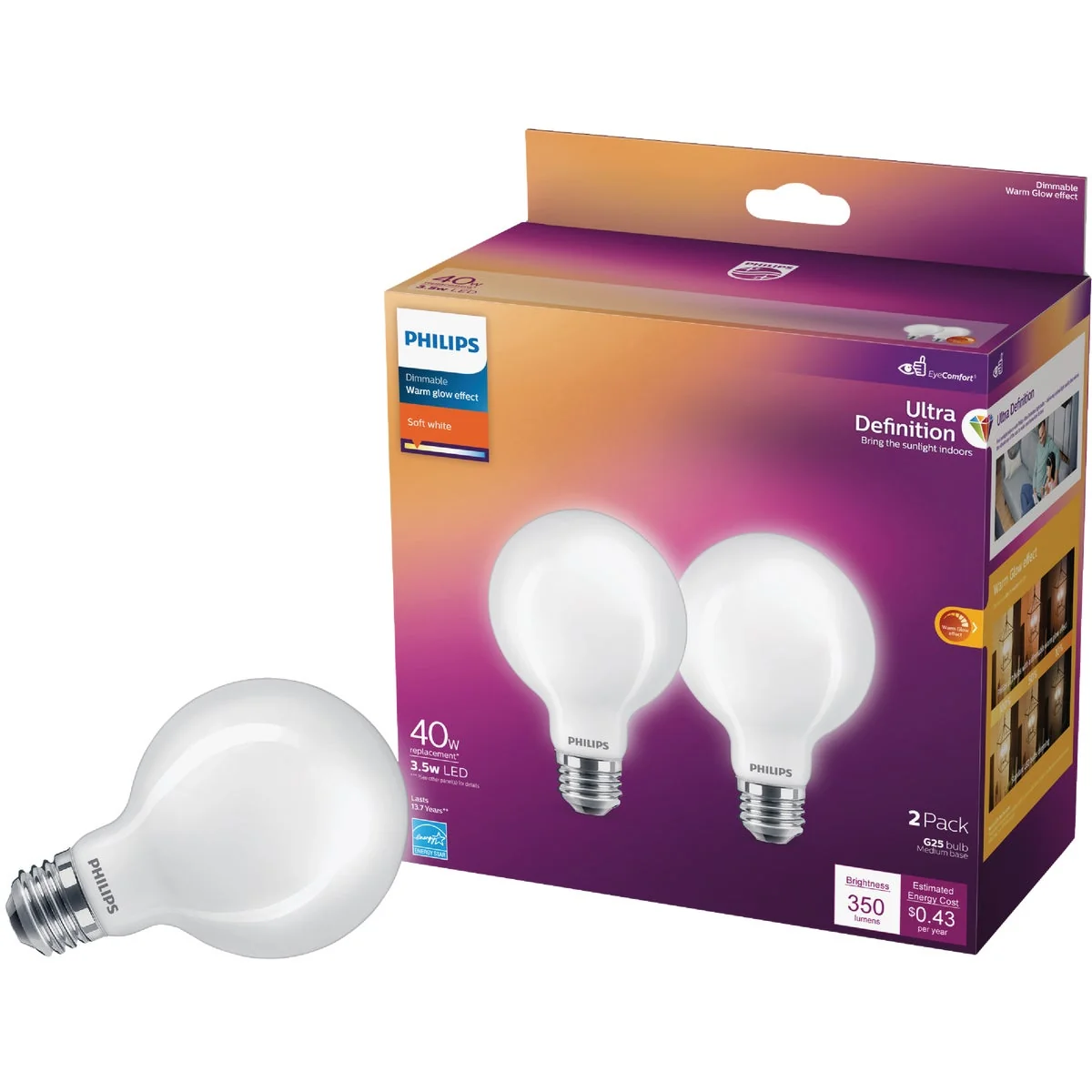 Effective Philips Ultra Definition 40W Equivalent Soft White G25 Medium LED Decorative Light Bulb 2-Pack Next-Generation