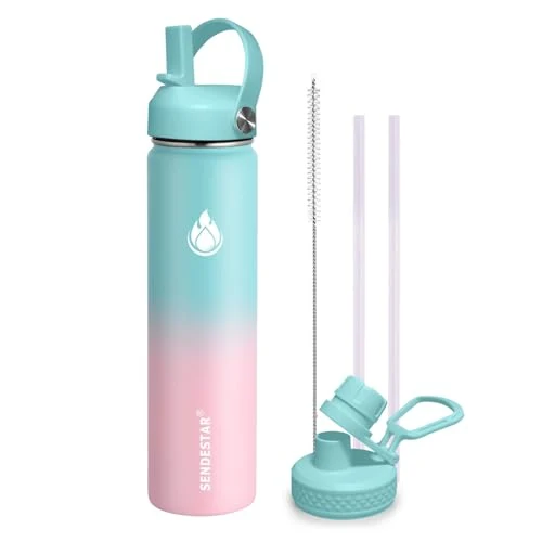 Certified Stainless Steel Wide Mouth Water Bottle 24oz Double Wall Vacuum Insulated Leak Proof Bottle with New Flex Straw Lid Spout Lid Selected
