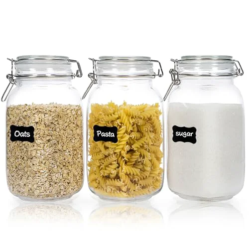 Traditional 50oz Glass Food Storage Jars with Airtight Clamp Lids 3 Count High-Quality