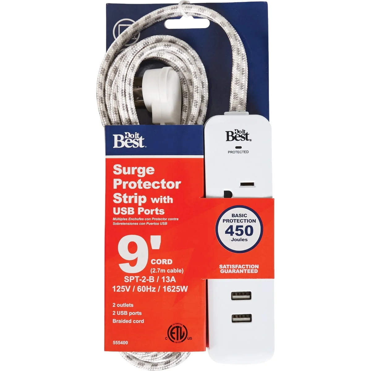 User-Friendly Do it 2-Outlet 2-USB 450J White Surge Protector with 9 Ft. Braided Cord Genuine