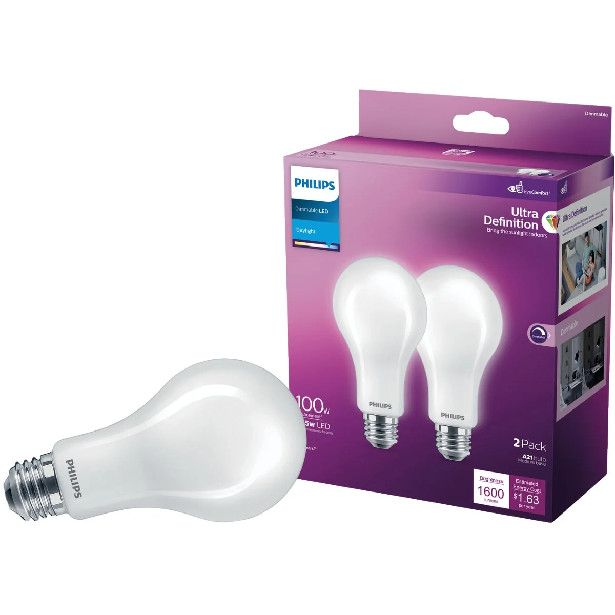 Premium Philips Ultra Definition 100W Equivalent Daylight A21 Medium Dimmable LED Light Bulb Frosted 2-Pack Exclusive